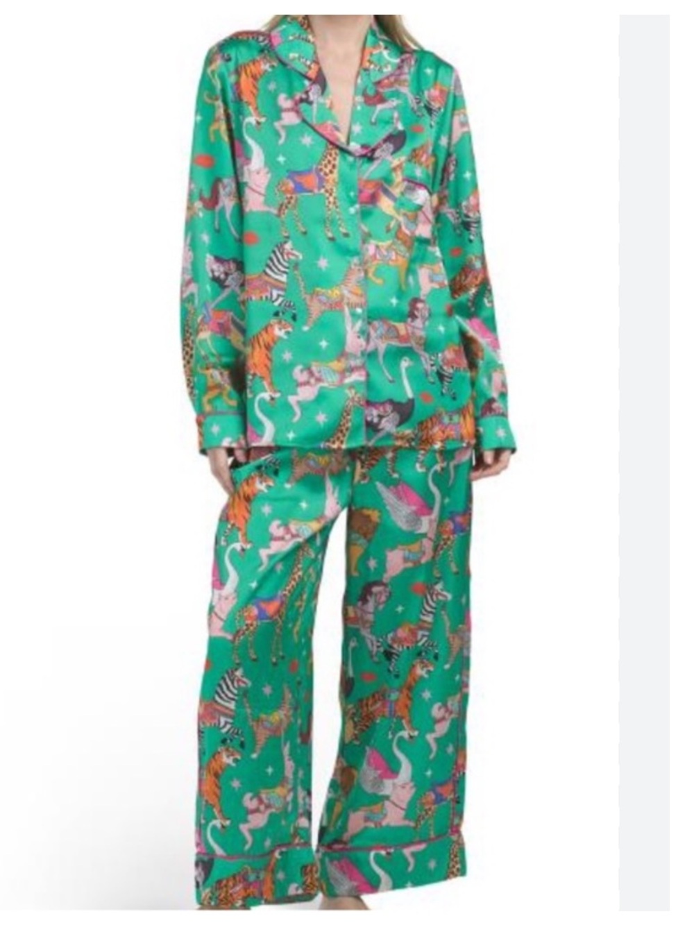 Karen Mabon NWT green carousel animal luxe satin pajama set size medium